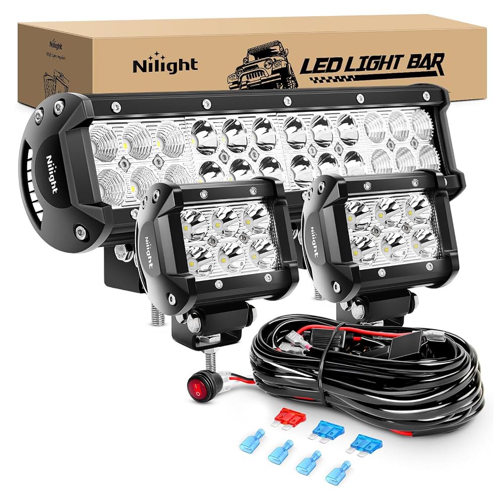 Nilight 12인치 72W 스팟 플러드 콤보 LED 라이트 바 2Pcs 4인치 18W 포드 안개등, 배선 하네스 키트-3 리드로 도로에서 꺼짐 ATV UTV SUV 트럭 보트 - 상품 이미지