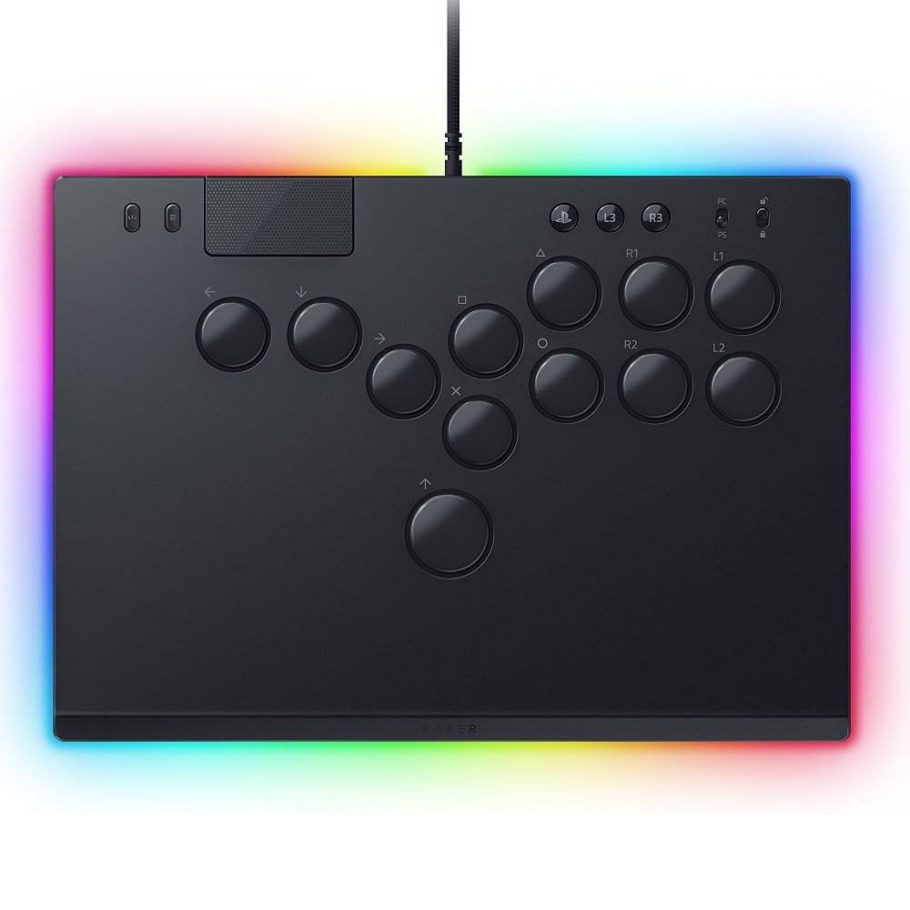 레이저 키츠네 올 버튼 아케이드 컨트롤러 - PS5 / PlayStation 5 & PC용 로우 프로파일 광학 스위치 슬림 폼 팩터 탈착식 상판 크로마 RGB 조명 USB 타입