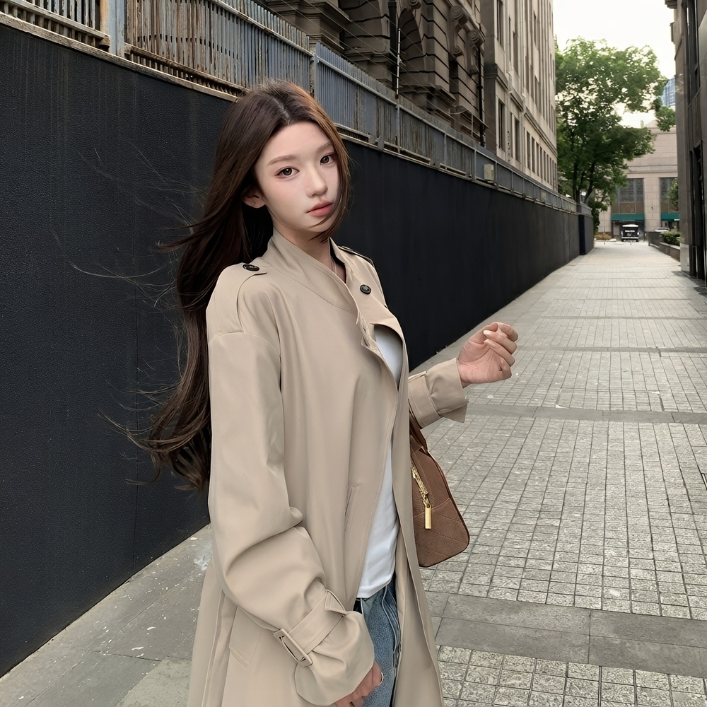 여성 하이넥 롱 트렌치 코트 견장 베이지 아우터 - 상품 이미지