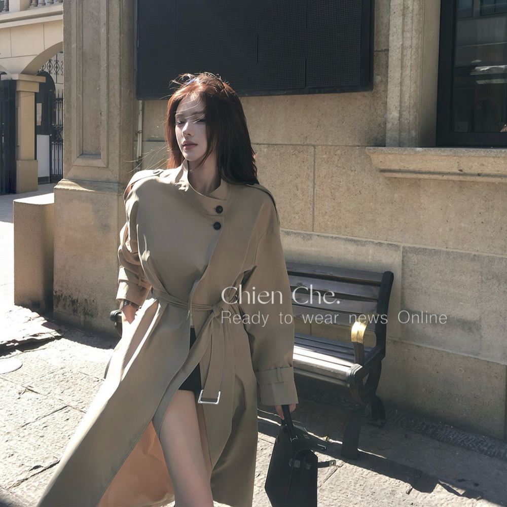 여성 하이넥 롱 트렌치 코트 견장 베이지 아우터 - 상세 이미지 2