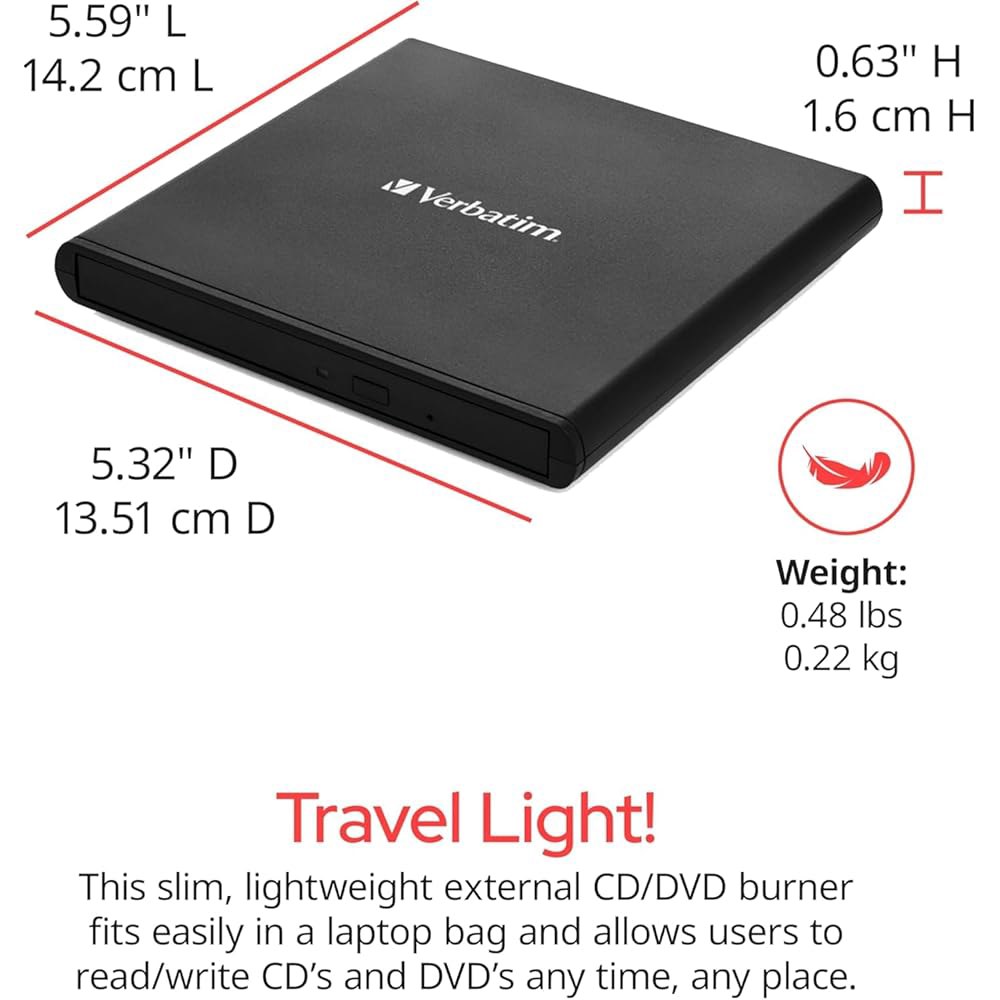 버바팀 슬림 외장 버너 CD/DVD +/-RW 광학 드라이브 USB 2.0(USB A to C 어댑터 및 M-DISC 지원) - Mac PC 호환 네로 번 아카이브 소프트웨어 포함 - 상세 이미지 2
