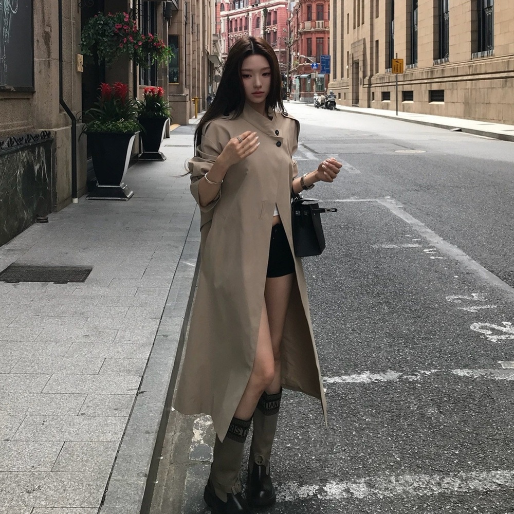 여성 하이넥 롱 트렌치 코트 견장 베이지 아우터 이미지 7