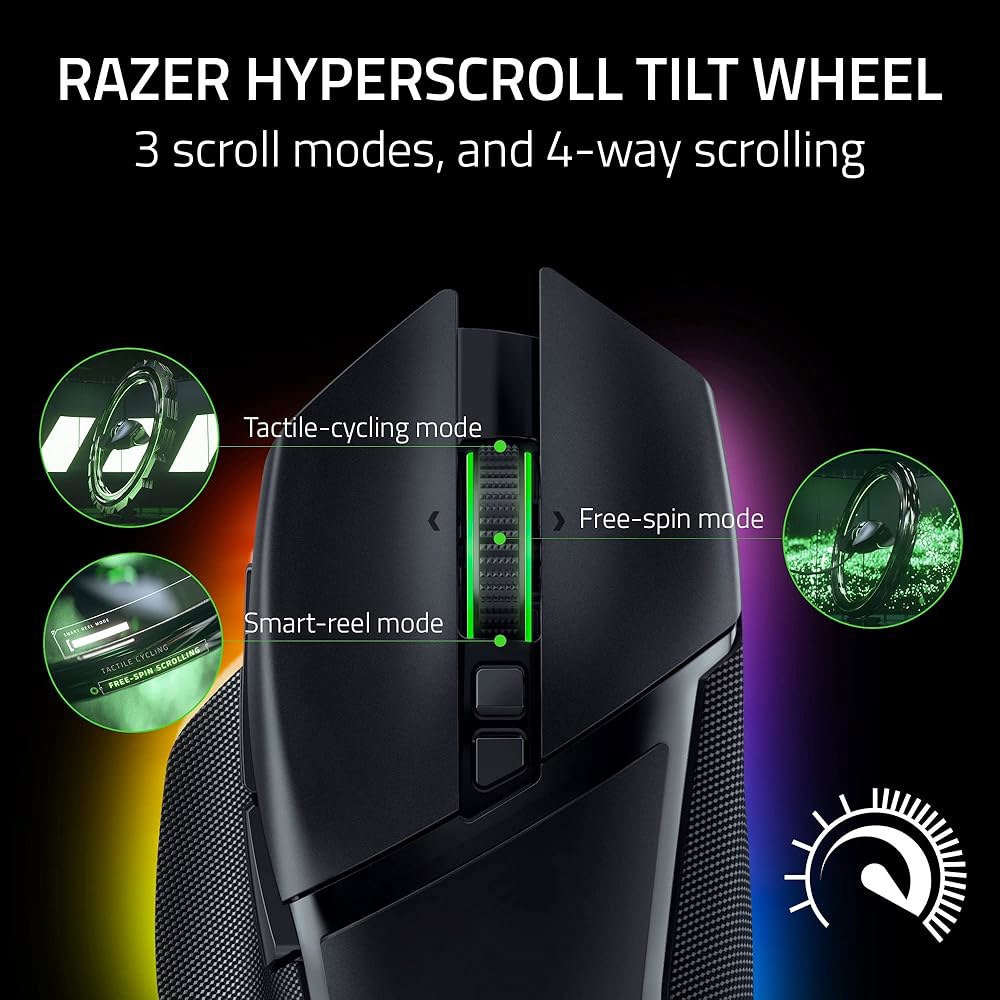 레이저 바실리스크 V3 프로 무선 게이밍 마우스 하이퍼스크롤 틸트 휠 - 30K DPI 광학 센서 3세대 스위치 13존 크로마 RGB 13개 프로그래머블 컨트롤 3가지 연결 모드 - 상세 이미지 2
