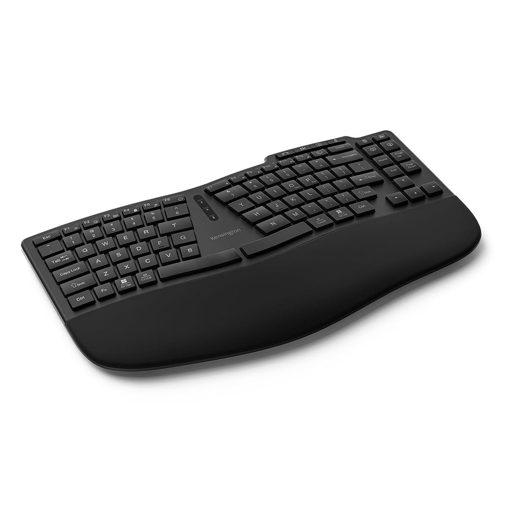 켄싱턴 프로 핏 에르고 무선 키보드 KB675, 인체공학적, 충전식, 블루투스 및 2.4GHz 연결, 프로그래머블 키, 블랙, K75491US 인체공학적 레이아웃, - 상품 이미지