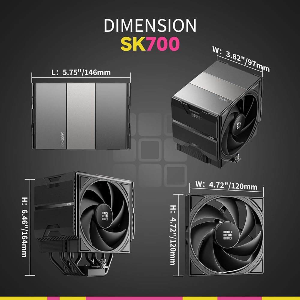 Sudokoo SK700 AM5 에어 쿨러 전용 7 히트파이프 CPU 쿨러 - 블랙 싱글 타워 PC 쿨링 120mm FDB PWM 저소음 팬 및 L-레일 잠금 마운트 - 상세 이미지 3