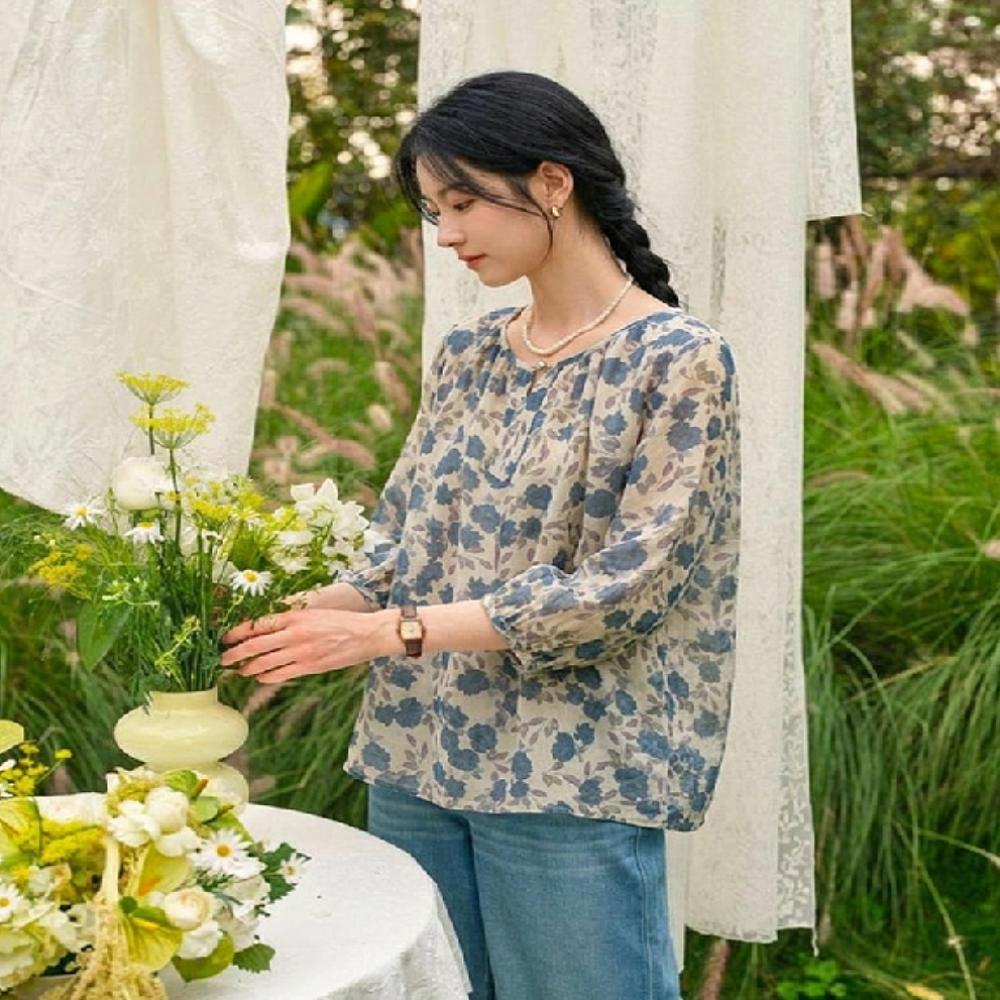 여성 린넨 블라우스 여름 반팔 셔츠 셔링 라운드넥 7부 - 상품 이미지