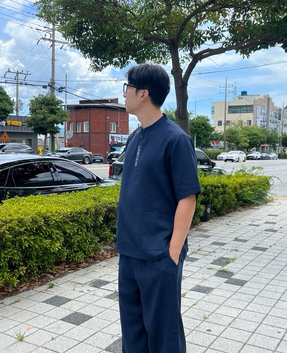 고급 자수 여름 반팔 티셔츠 개량한복 남녀공용 생활한복 - 상세 이미지 5