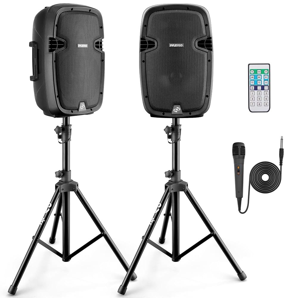 Pyle 10 무선 휴대용 PA 시스템 - 1000W 고출력 블루투스 호환 액티브 + 패시브 페어 야외 사운드 스피커(USB SD MP3 AUX 포함) 35mm 마운트, 스탠드 - 상품 이미지