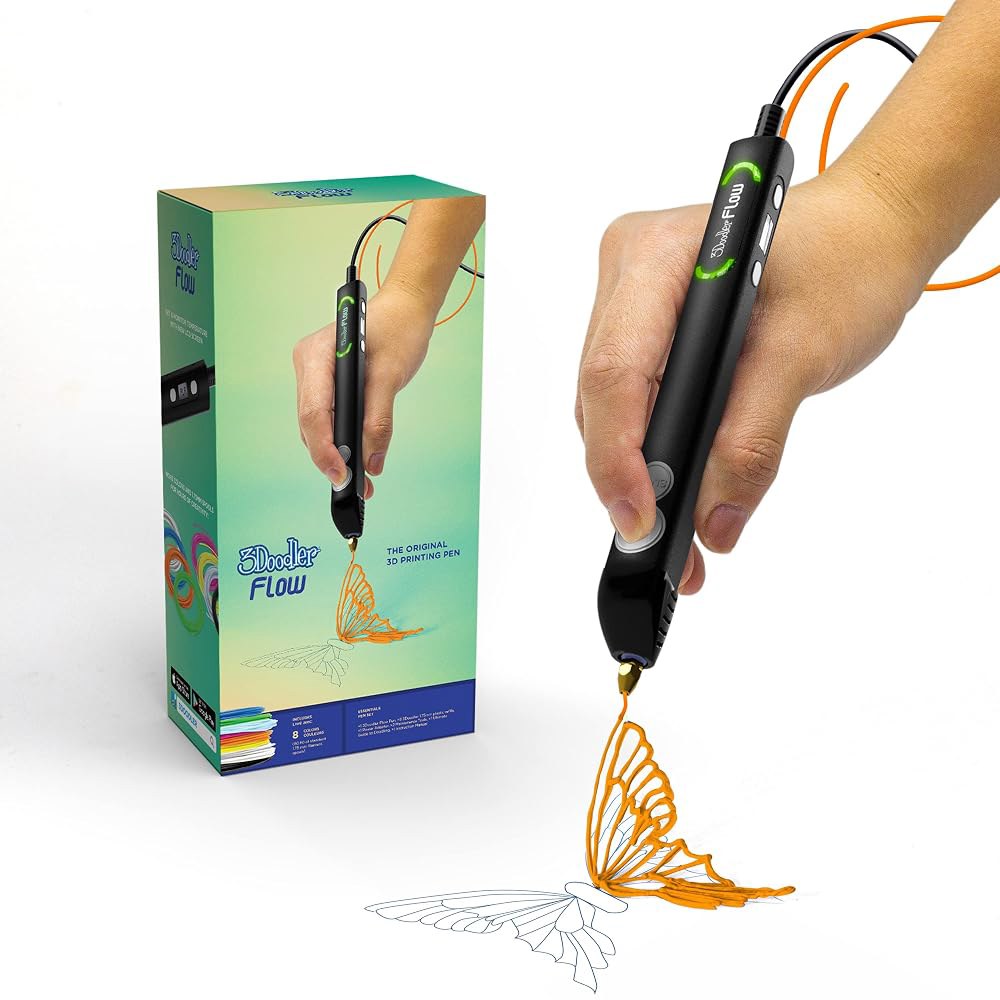 청소년, 성인 및 크리에이터를 위한 3D Doodler Flow 프린팅 펜 블랙, 무료 리필 필라멘트, 스텐실 책 가이드, 3.1 x 10.74 4.44 인치 FLOW - 상품 이미지