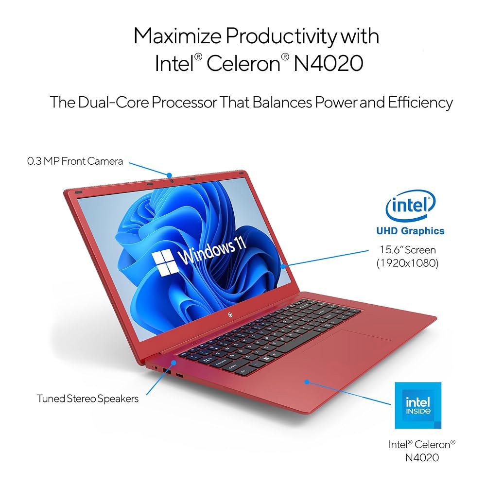 15.6인치 풀 HD 인텔 4GB RAM 64GB SSD 노트북(Windows 11 포함) - 빨간색 Red 상품 이미지