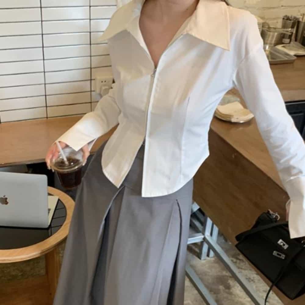 여성 여자 봄 긴팔 카라 투웨이 카라 집업 티 셔츠 데일리 루즈핏 오피스룩 슬림 - 상품 이미지
