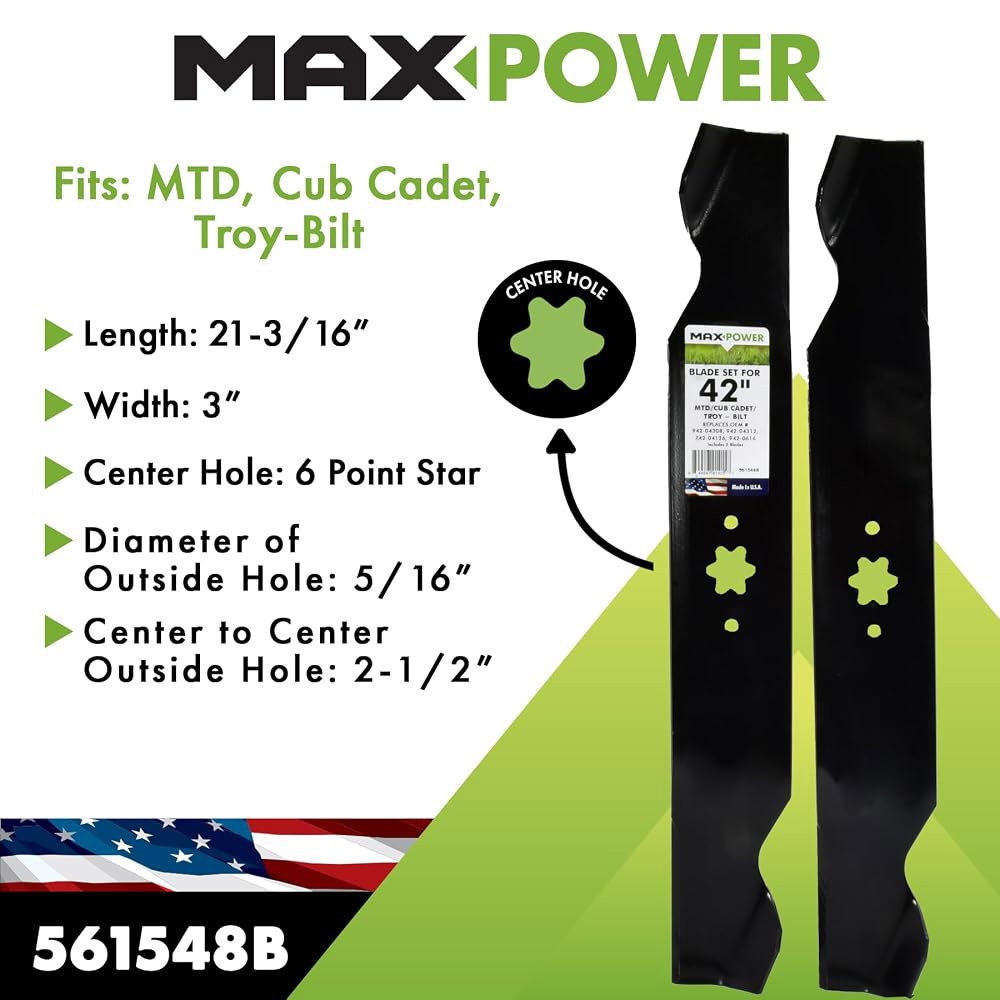 MaxPower 561548B USA MADE 2 블레이드 세트 42인치 컷 MTD, 컵 카데드, 트로이 빌트 모어스가 742-04308, 942-04308, 742-0656, - 상세 이미지 2