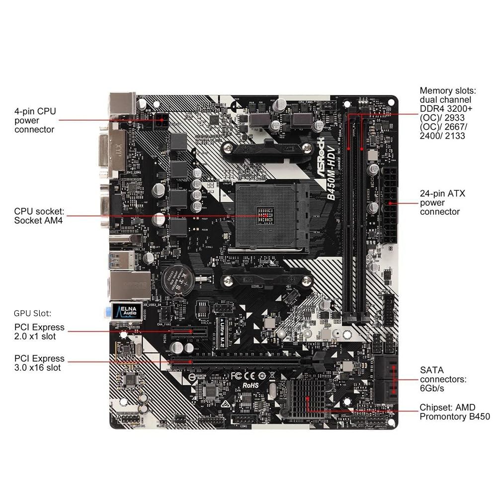 B450M-HDV R4.0 AMD B450 AM4 소켓 라이젠 2000 - 5000 프로세서 DDR4 3200 64GB HDMI DVI-D D-서브 마더보드 SATA 6Gb/s - 상세 이미지 3