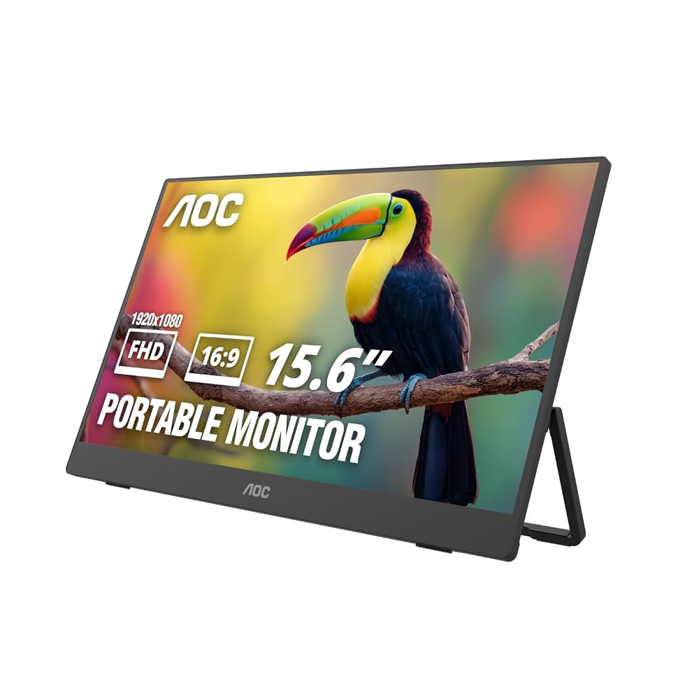 AOC 16인치 휴대용 모니터 FHD 60Hz USB-C IPS 울트라 슬림 킥스탠드 16T30 1920 1080 컴퓨터 모니터, 3.2, 미니 HDMI, 내장 스피커, 킥스탠드, - 상품 이미지