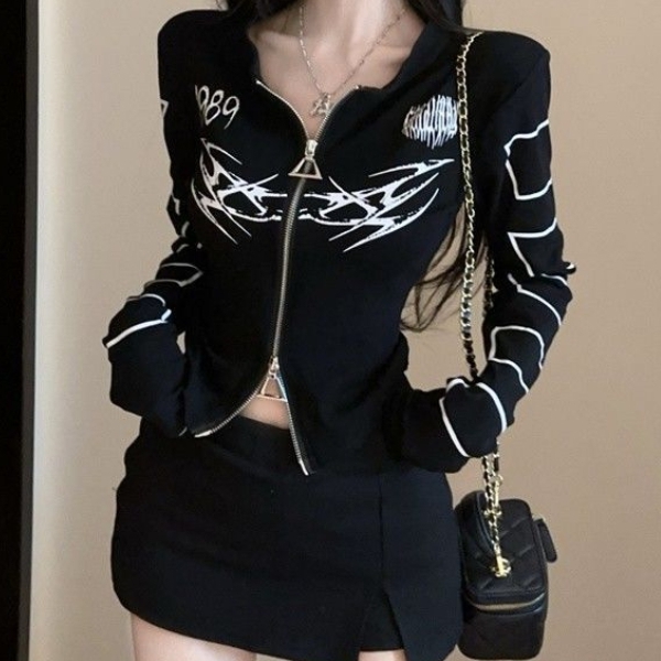 가을 신상 바디핏 카라 지퍼 투웨이 슬림 그래픽 집업 쫄티 스트릿룩 힙스타일 - 상품 이미지