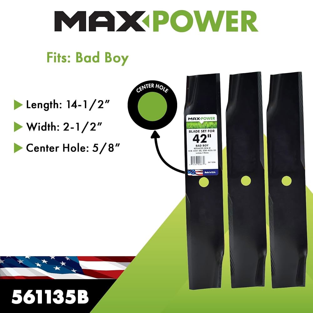 MaxPower 561135B 3-블레이드 세트는 42인치 배드 보이 및 딕시 초퍼 모우어를 위한 것으로, OEM #의 30227-42, 6327-N, 038-4221-00, 03 - 상세 이미지 2