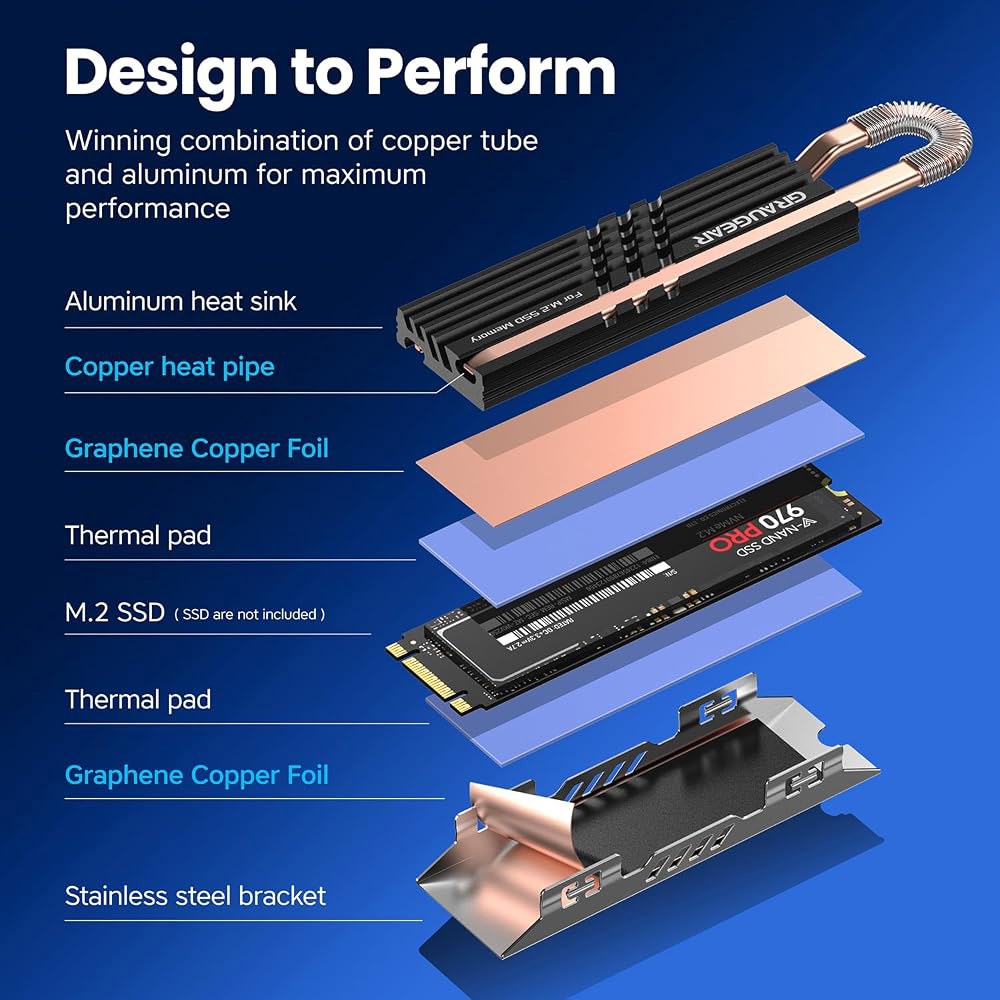 GRAUGEAR M.2 SSD 메모리 확장용 히트 파이프 쿨러, 2280 NVMe 방열판, 순수 구리 파이프, 프리미엄 알루미늄 플레이트 핀 디자인, 호일 위의 열 전도성 흑연 - 상세 이미지 3