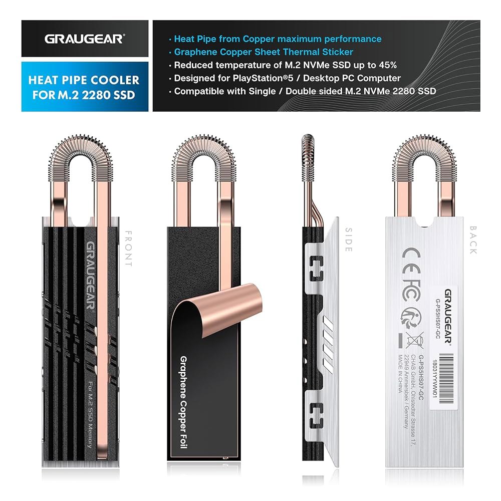GRAUGEAR M.2 SSD 메모리 확장용 히트 파이프 쿨러, 2280 NVMe 방열판, 순수 구리 파이프, 프리미엄 알루미늄 플레이트 핀 디자인, 호일 위의 열 전도성 흑연 - 상세 이미지 2