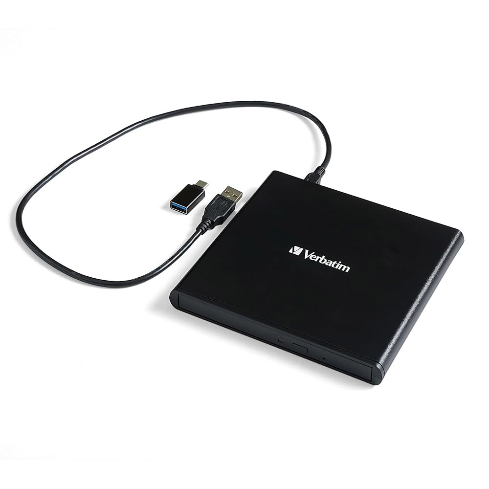 버바팀 슬림 외장 버너 CD/DVD +/-RW 광학 드라이브 USB 2.0(USB A to C 어댑터 및 M-DISC 지원) - Mac PC 호환 네로 번 아카이브 소프트웨어 포함 - 상품 이미지