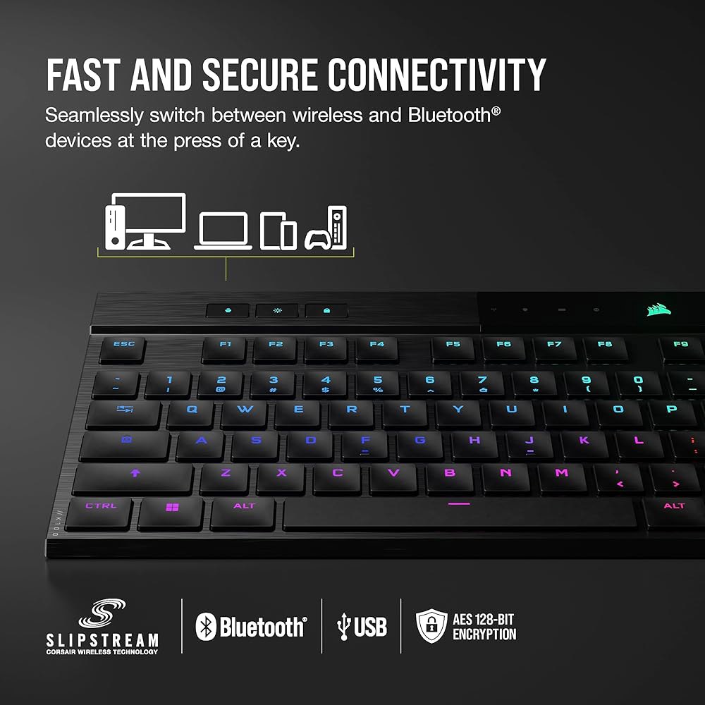 Corsair K100 AIR 무선 RGB 기계식 게이밍 키보드 - 초박형, 1ms 미만 슬립스트림, 저지연 블루투스, 체리 MX 초저프로파일 키 스위치 NA 레이아웃, QWERT - 상세 이미지 3