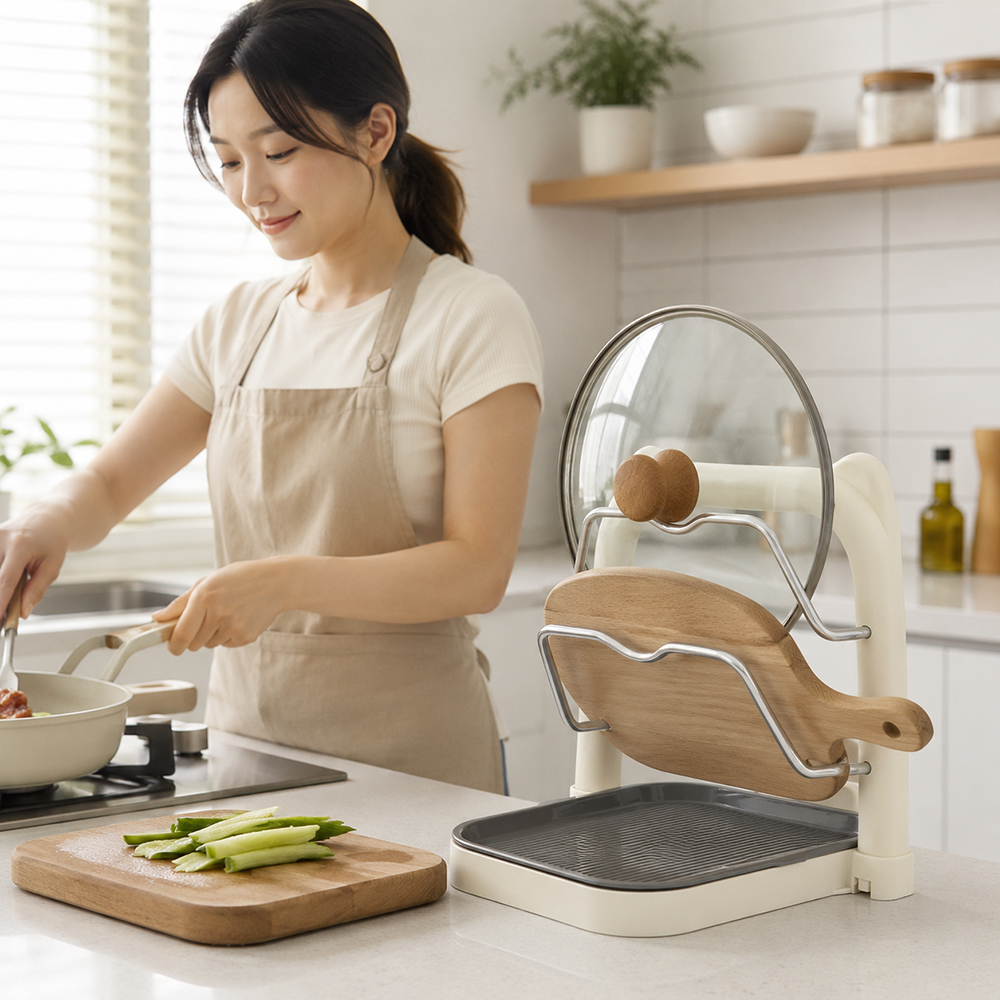 람스 냄비뚜껑거치대 조리도구 국자 걸이 받침대 나무 도마 거치대 - 상품 이미지