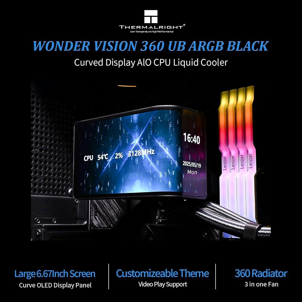 Thermalright Wonder Vision 360 UB ARGB 블랙 CPU 워터 쿨러, 2400x1080 해상도의 6.6인치 마그네틱 커브 스크린, AMOLED 디스플레이 - 상세 이미지 2