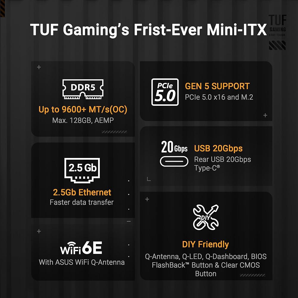 ASUS TUF 게이밍 B850I WiFi NEO AM5 미니 ITX 마더보드, DDR5, DIMM 핏, 6E, 2.5Gb LAN, PCIe 5.0, 2X M.2, USB-C, - 상세 이미지 2