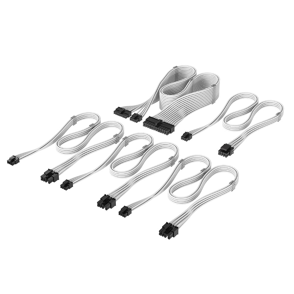 커세어 엘리트 프리미엄 4형 개별 슬리브 PSU 케이블 스타터 키트 - 로우 프로파일 빗, 트리플 메시 파라코드 슬리브, 호환 가능한 화이트 Black - 상품 이미지