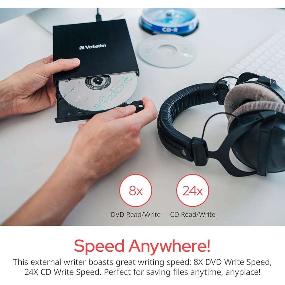 버바팀 슬림 외장 버너 CD/DVD +/-RW 광학 드라이브 USB 2.0(USB A to C 어댑터 및 M-DISC 지원) - Mac PC 호환 네로 번 아카이브 소프트웨어 포함 - 상세 이미지 3