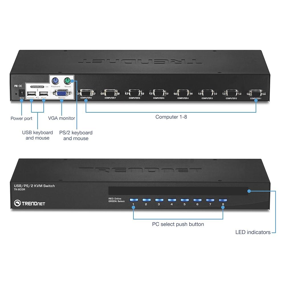 트렌드넷 8포트 USB/PS2 랙 마운트 KVM 스위치, TK-803R, VGA 및 USB 연결, PS/2 연결 지원, 디바이스 모니터링, 자동 스캔, 청각 피드백, 최대 8대의 - 상세 이미지 3