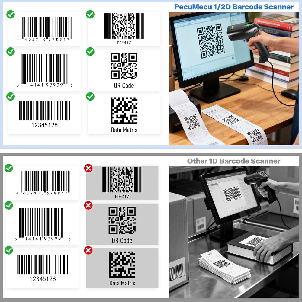 PecuMecu 휴대용 1D & 2D USB 바코드 스캐너, 유선 QR 코드 스캐너 PDF417 데이터 매트릭스 리더기(POS 모바일 결제, 편의점, 슈퍼마켓, 창고용 긴 케이블 - 상세 이미지 2