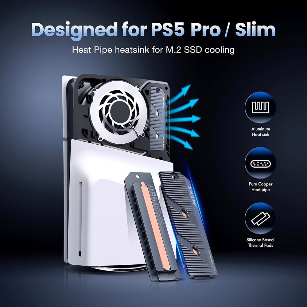 PS5 프로/PS5 슬림 M.2 SSD 방열판, 히트파이프 포함, 고효율 냉각을 위한 통합 구리 및 알루미늄 핀, 플레이스테이션 5용 NVMe 업그레이드와 호환 - 상세 이미지 2