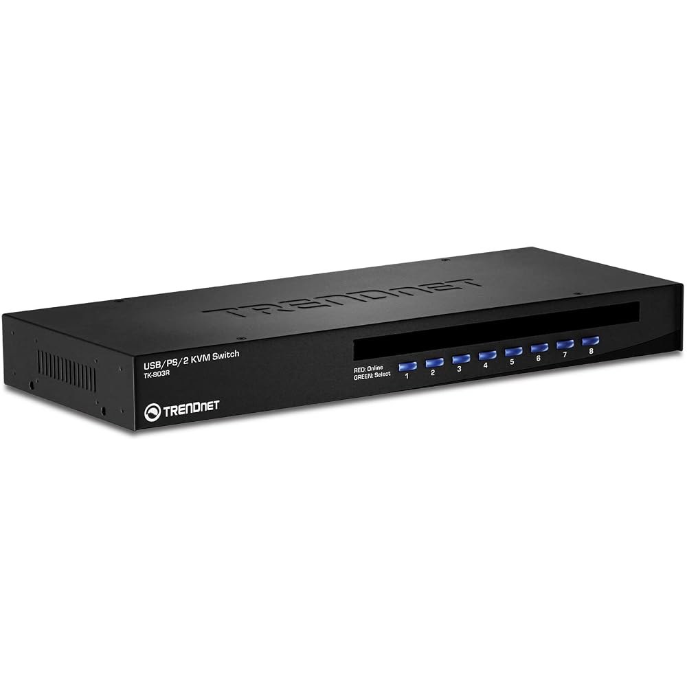 트렌드넷 8포트 USB/PS2 랙 마운트 KVM 스위치, TK-803R, VGA 및 USB 연결, PS/2 연결 지원, 디바이스 모니터링, 자동 스캔, 청각 피드백, 최대 8대의 - 상품 이미지