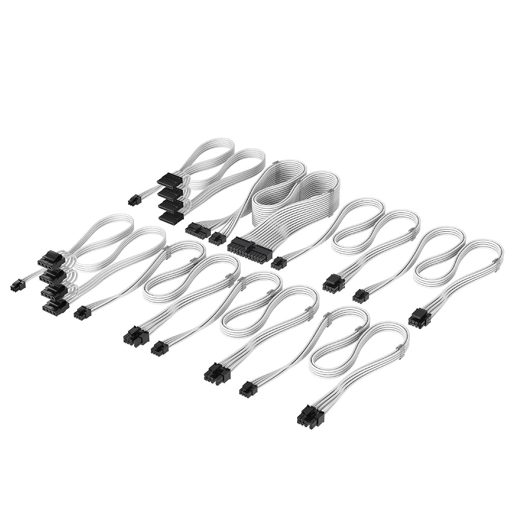 커세어 엘리트 프리미엄 4형 개별 슬리브 PSU 케이블 프로 키트 - 로우 프로파일 빗, 트리플 메시 파라코드 슬리브, 호환 가능한 화이트 Black - 상품 이미지