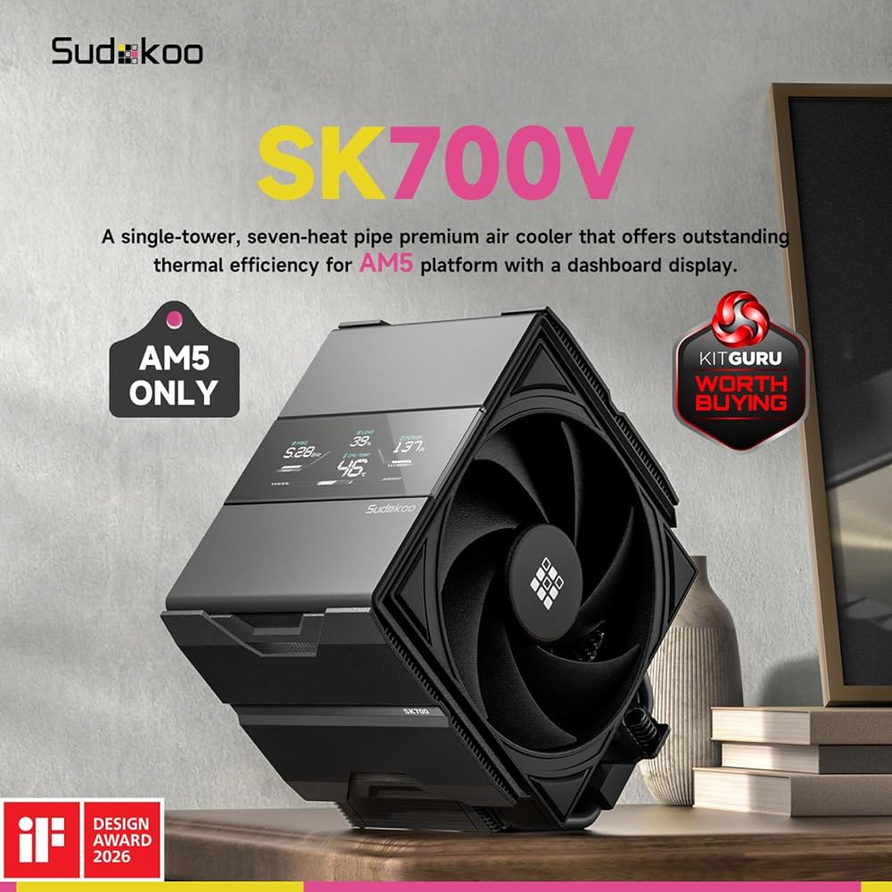 Sudokoo SK700 AM5 에어 쿨러 전용 7 히트파이프 CPU 쿨러 - 블랙 싱글 타워 PC 쿨링 120mm FDB PWM 저소음 팬 및 L-레일 잠금 마운트 - 상세 이미지 2