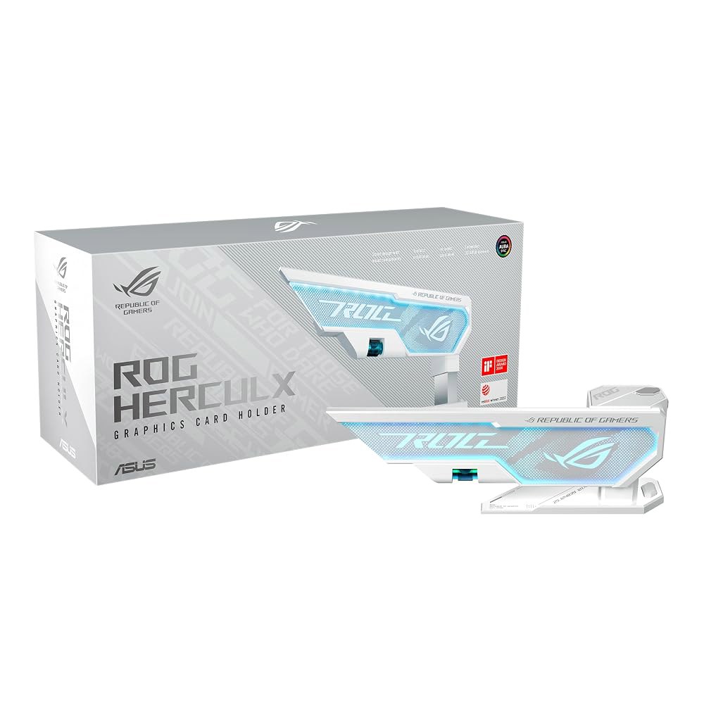 ASUS ROG Herculx 화이트 GPU 안티색 홀더, 견고한 아연 합금 구조, 간편한 도구 없는 설치, 포함된 스피릿 레벨, 조절 가능한 높이, 넓은 호환성, 아우라 싱크 - 상품 이미지
