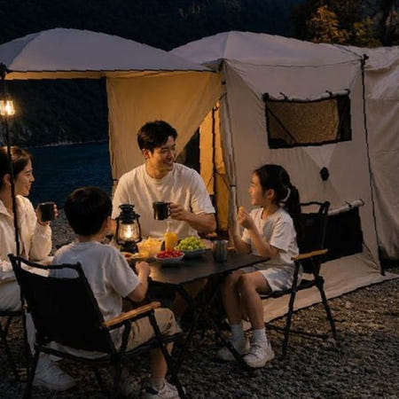 차량 연결형 캠핑 텐트 넓은 차양 공간 확보 야외 활동 편의성 증대 가족 단위