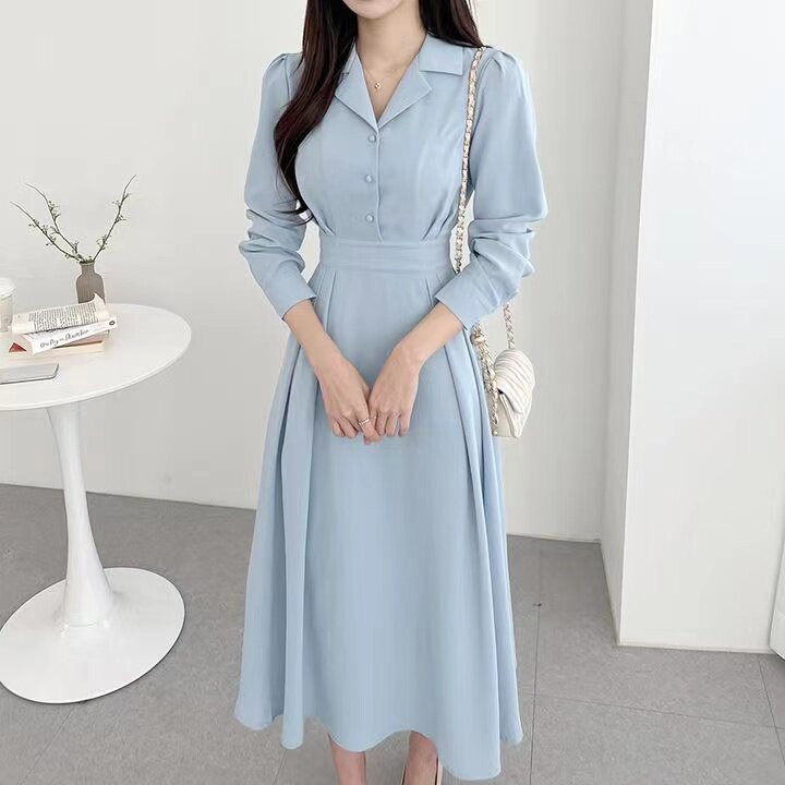 단추 원피스 롱 브이넥 가을 카라넥 하객룩 봄 셔링 허리 앞단추원피스 데일리 카멜 S - 상세 이미지 2