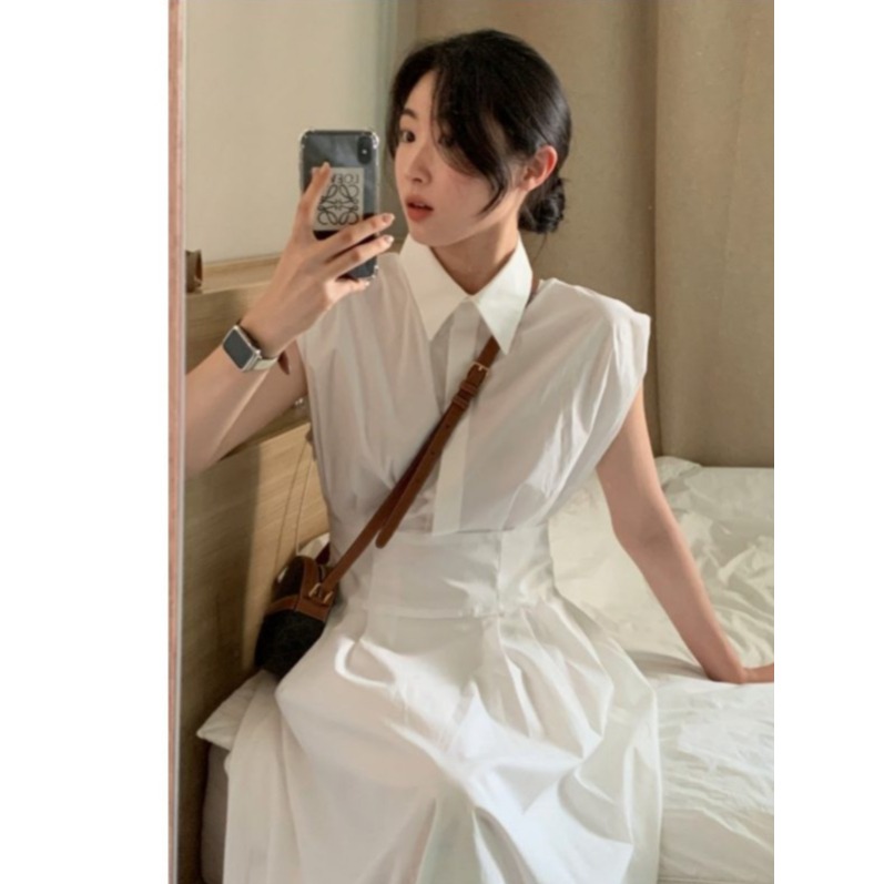 손연재원피스 화이트 예쁜엄마룩 연예인 청순한원피스 카라넥 슬림 허리 블루 - 상세 이미지 2