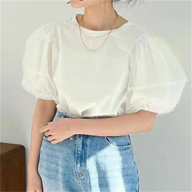 오간자 볼륨 결혼식 하객룩 오버핏 셔츠 벌룬소매 시스루 반팔 블라우스 퍼프소매 블랙 - 상세 이미지 2