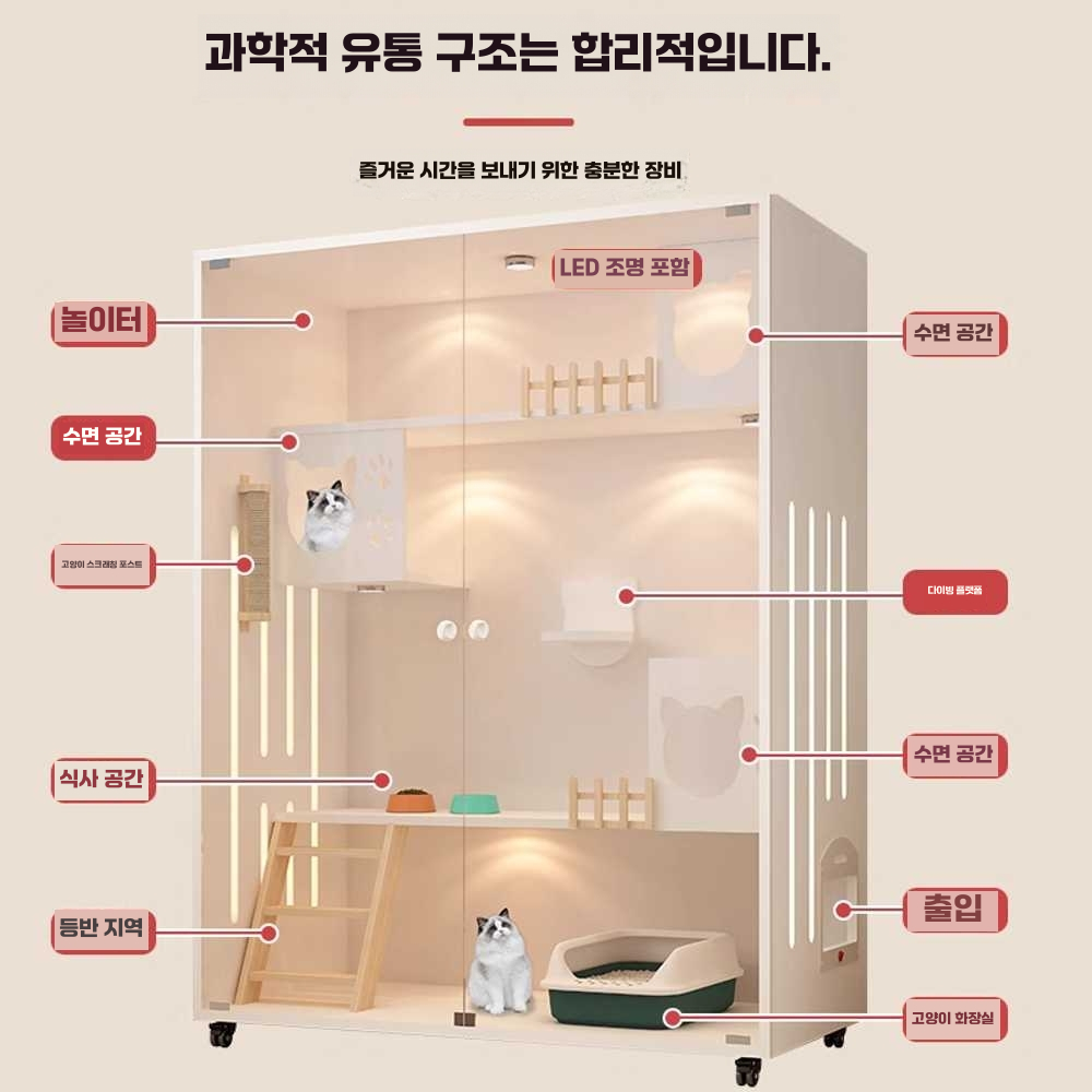 고양이빌라 타워 하우스 원목 럭셔리 조립식 대형 90x60x60(화이트) - 상세 이미지 3