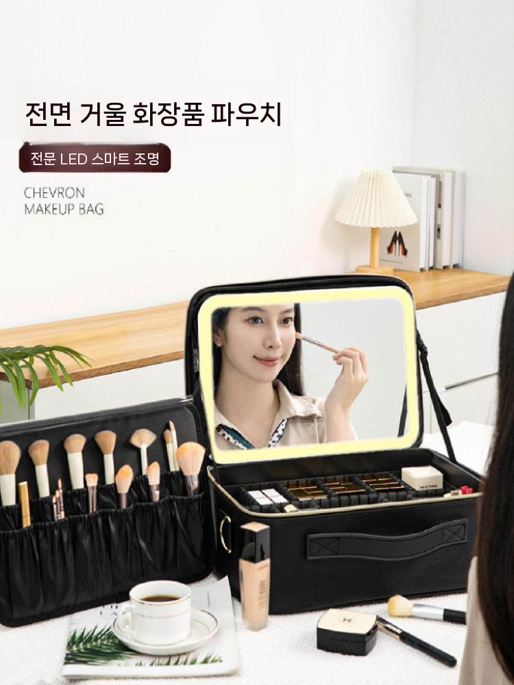메이크업 툴백 화장품 수납 케이스 LED 조명 거울 휴대용 블랙 스몰 - 상세 이미지 3