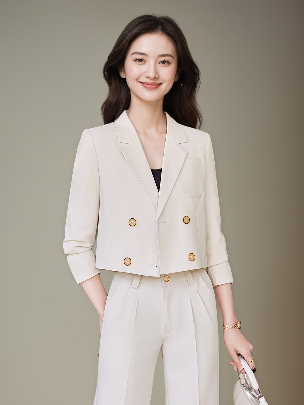 여성 숏 더블 블레이저 팬츠 세트 노치라펠 출근룩 정장 - 상품 이미지