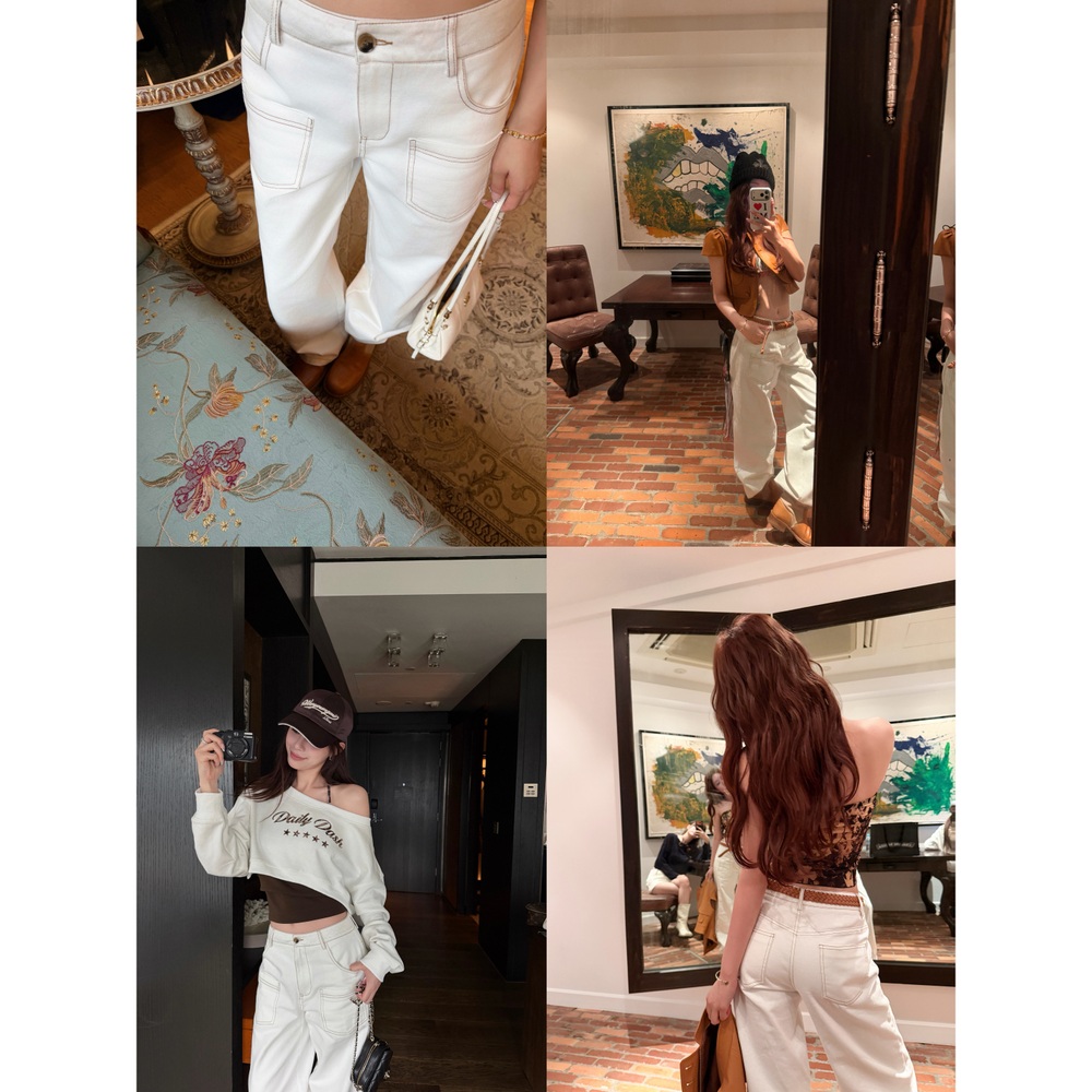 여성 스티치 포켓 와이드 일자 화이트 데님 팬츠 - 상세 이미지 4