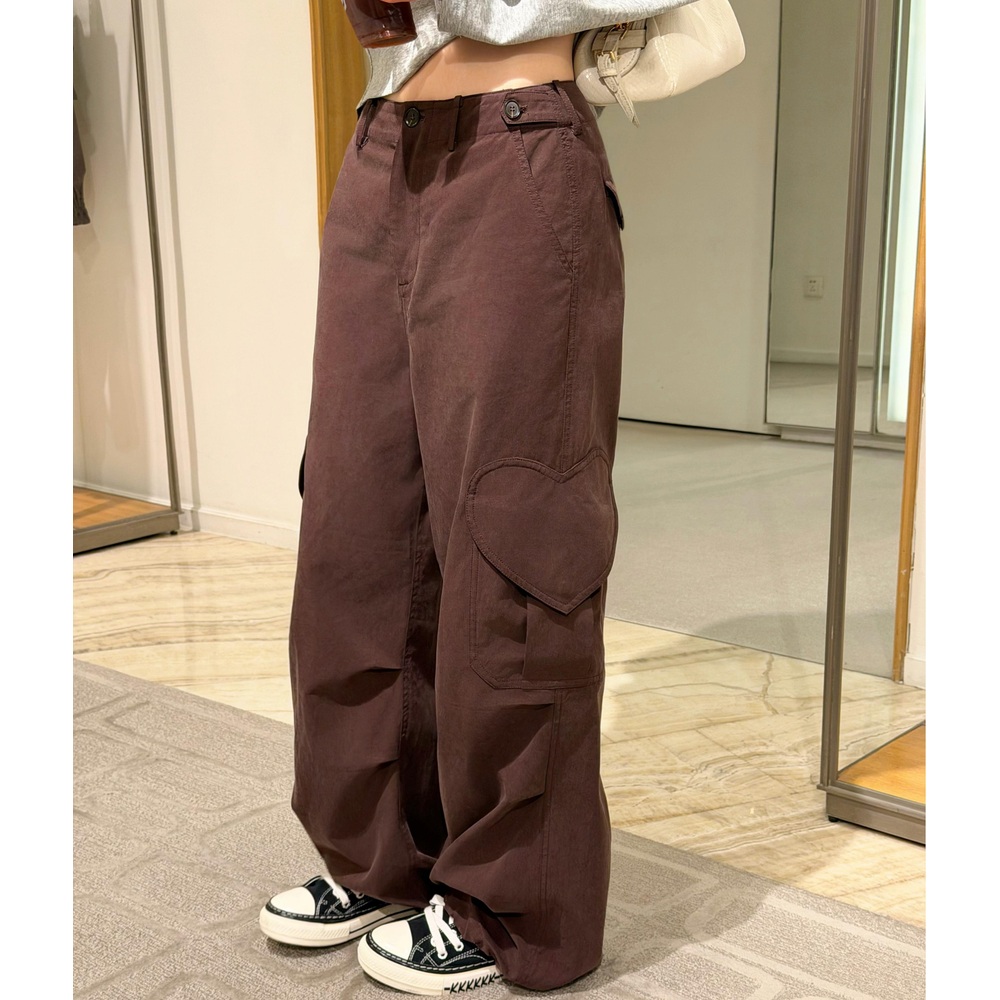 여성 브라운 와이드 카고 리오셀 팬츠 하트 포켓 바지 - 상품 이미지