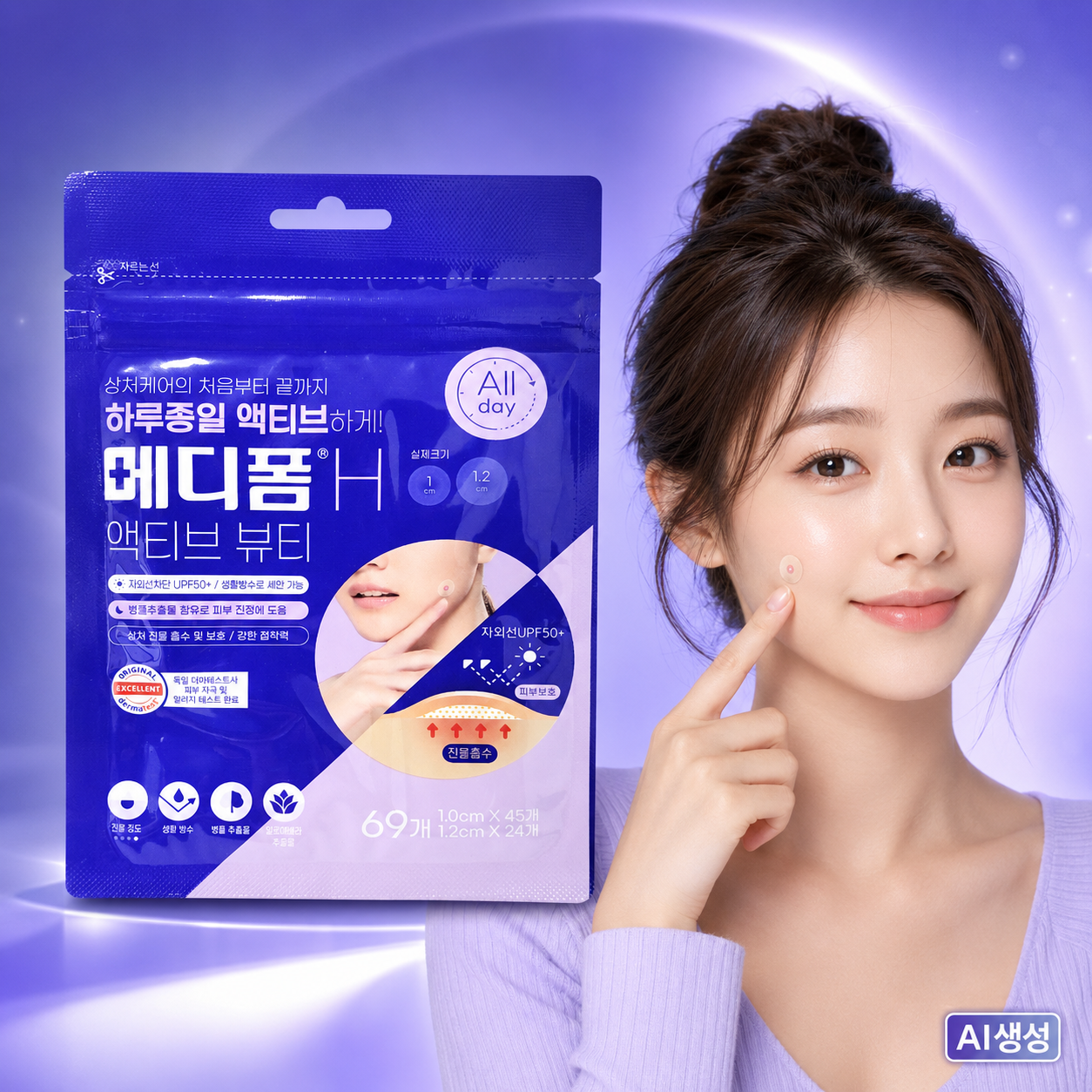 메디폼 H 액티브 뷰티 여드름패치 상처 흉터 재생 병원 약국 습윤밴드 69매 - 메인 이미지