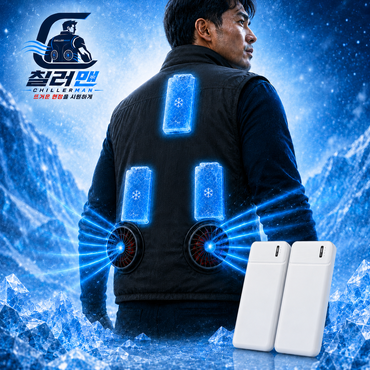 선풍기조끼 칠러맨 조끼형 12V 쿨링팬 보조배터리 2개 아이스팩 세트 - 상품 이미지