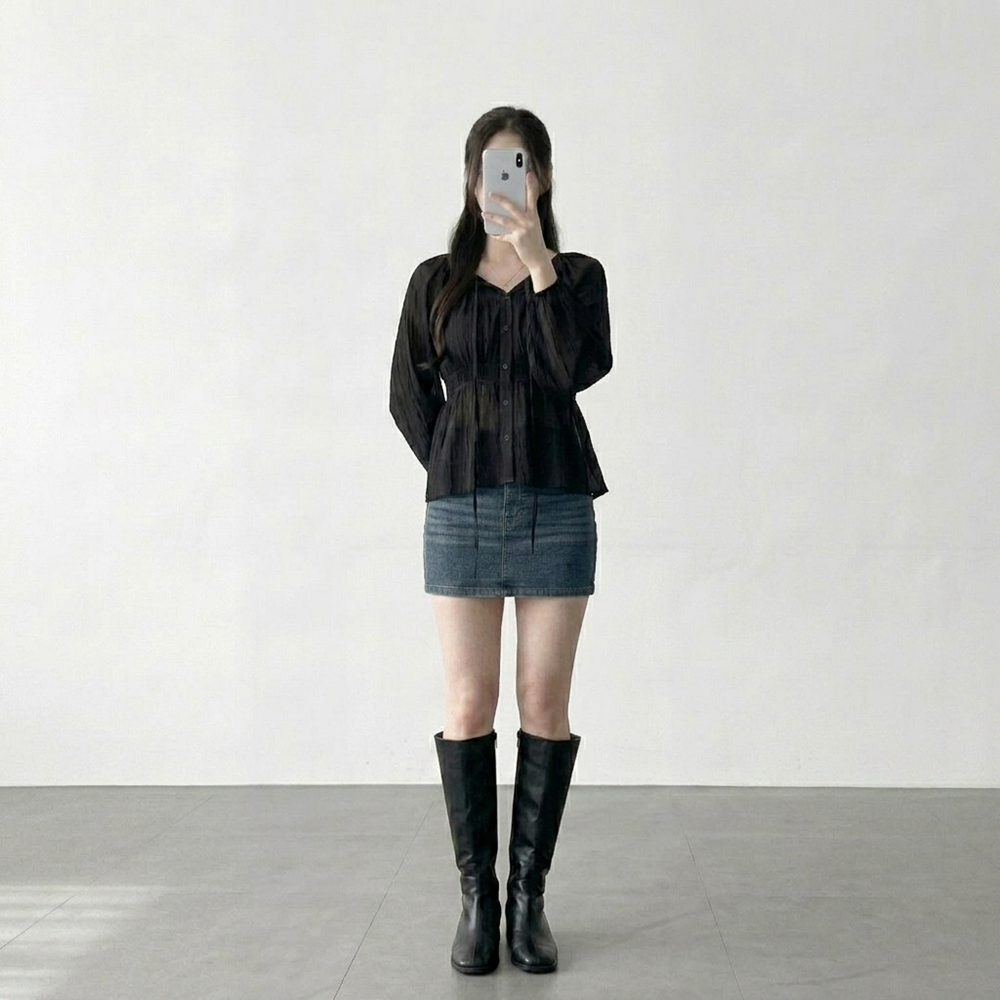 루즈핏 셔링 핀턱 볼륨 소매 주름 넥 스트링 블라우스 - 상세 이미지 5