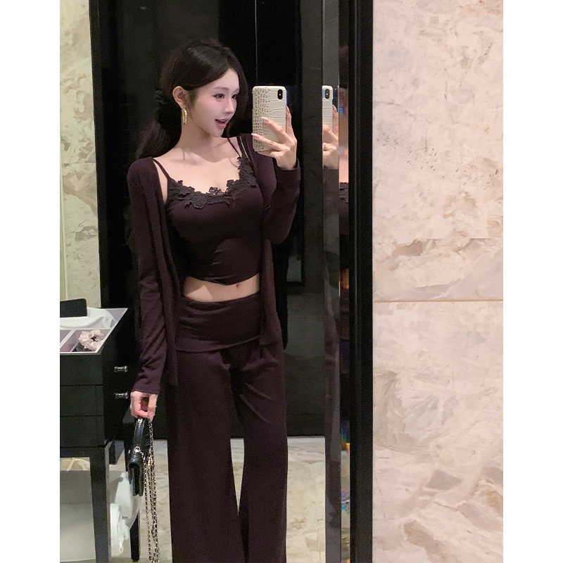 여성 간절기 슬림핏 레이스 나시브라탑 가디건 와이드팬츠 데일리룩 3종세트 - 상세 이미지 3