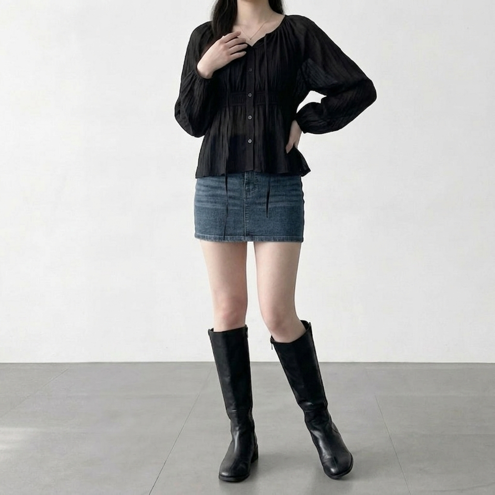 루즈핏 셔링 핀턱 볼륨 소매 주름 넥 스트링 블라우스 - 상세 이미지 3